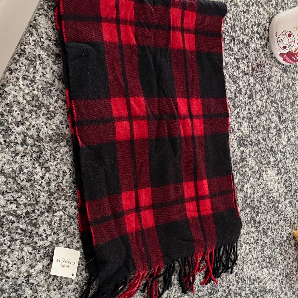 Coach Black and Red Plaid Fringe Scarf - Picture 2 of 3